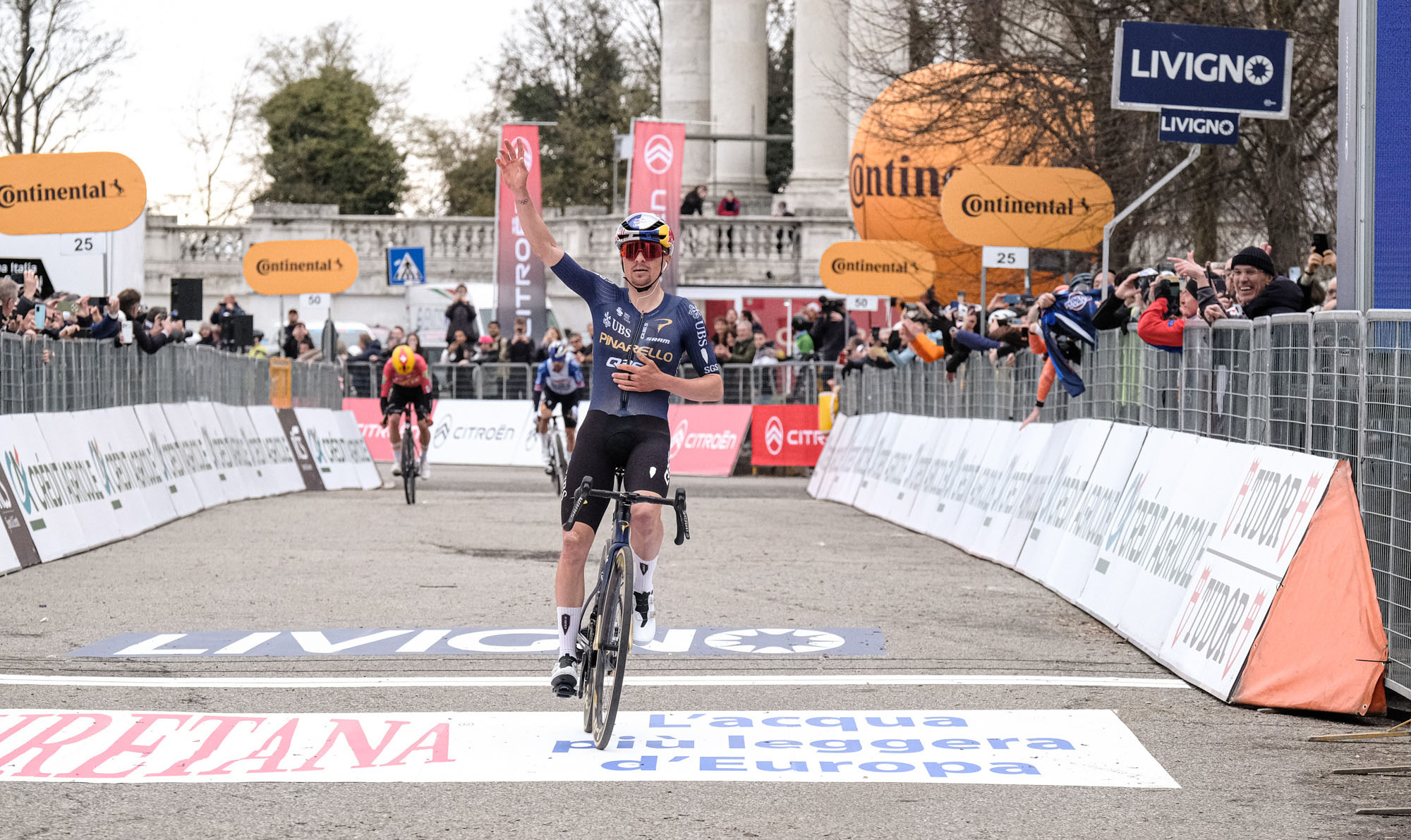 Thomas Pidcock, Pinarello-Q36.5 Pro Cycling Team, crosses the finish line in first place to take the win during the Milano-Torino 2026, on the 150th anniversary edition of the race, at Basilica di Superga in Turin, Italy, on March 18, 2026.