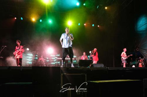 Clemente Maccaro, aka Clementino (C), performs live during his tour at the Arena del Mare 42°15° in Termoli, Italy